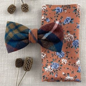 Men’s Tartan Wool Bow Tie & Yam-Orange Floral Pocket Square Set